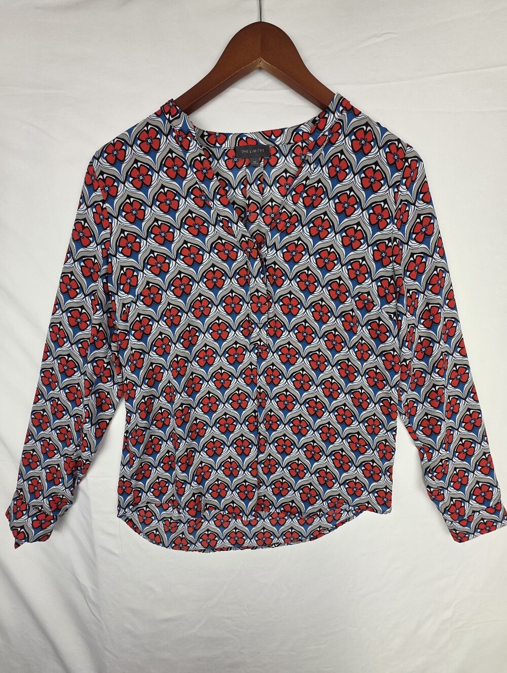 The Limited Retro 70s Floral Button Neck Blouse Medium Office Business Casual